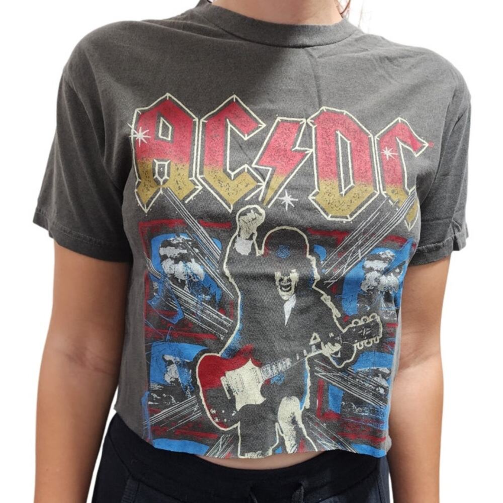 NEW S/M Forever 21 ACDC Charcoal Gray Crop Graphic Band Tee Women Size Small/Med